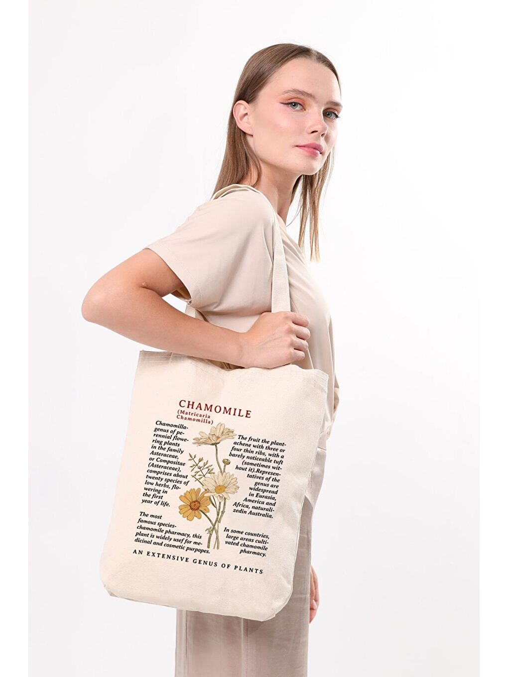 Ekru Siyah Kulplu Krem Kanvas Chamomile Baskılı Bez Çanta-1