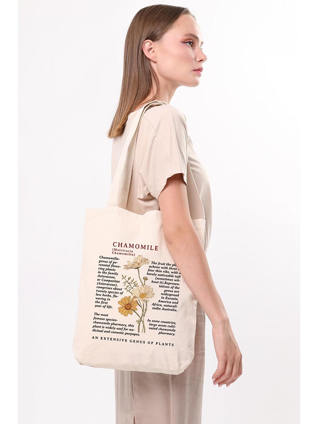 Ekru Siyah Kulplu Krem Kanvas Chamomile Baskılı Bez Çanta-2