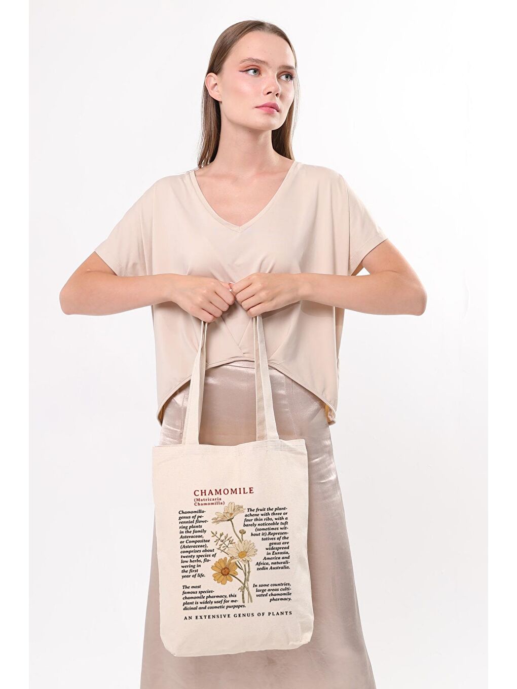 Ekru Siyah Kulplu Krem Kanvas Chamomile Baskılı Bez Çanta-3