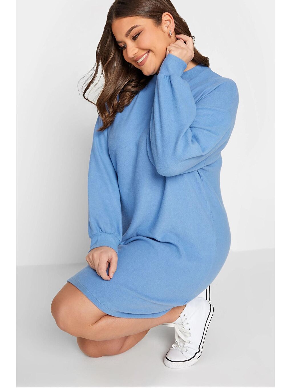 Mavi Büyük Beden Elastanlı Uzun Kollu Yuvarlak Yaka Polar Mini Elbise 301738-4