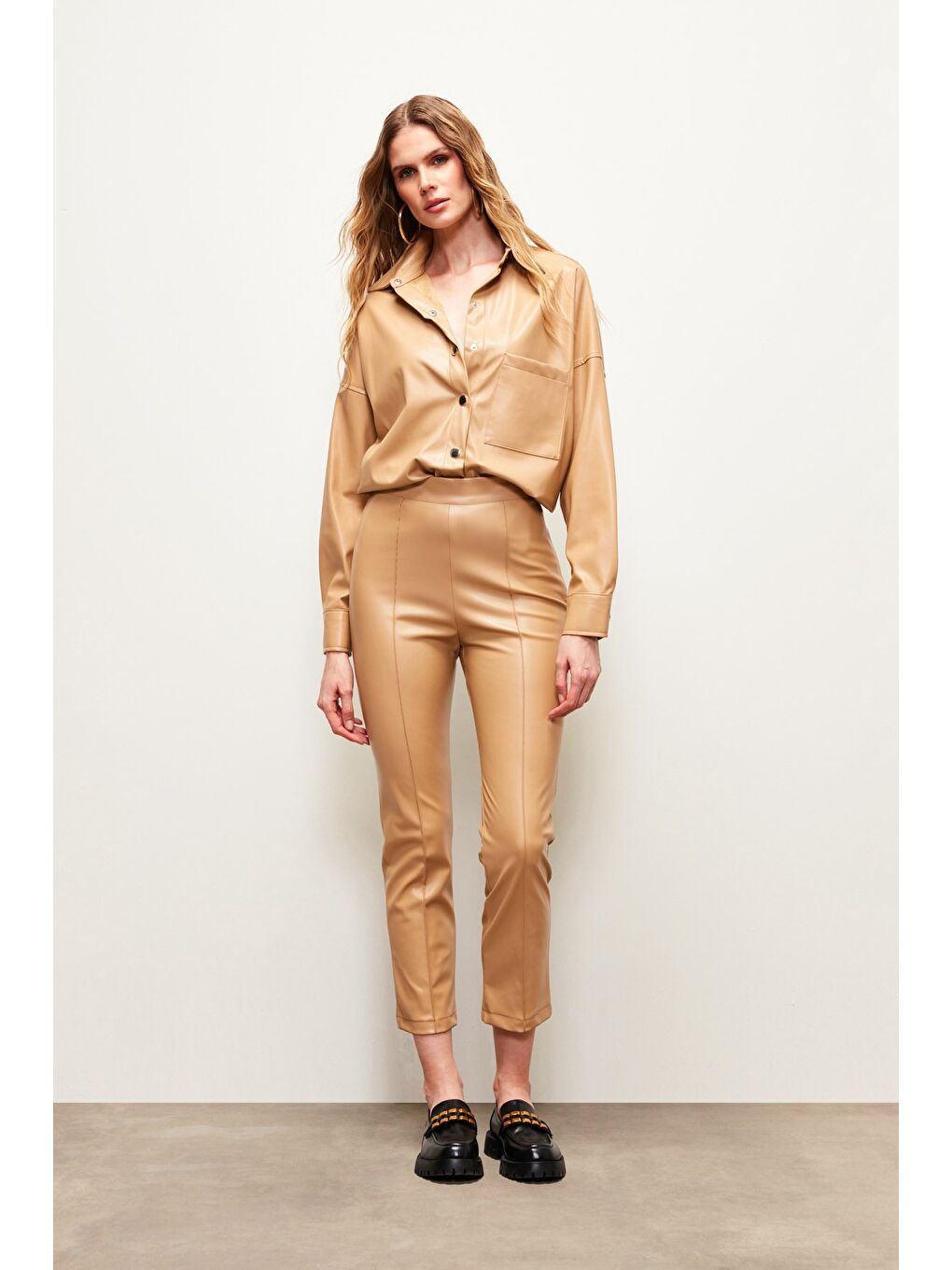 Yüksek Bel Deri Pantolon - Bej-1