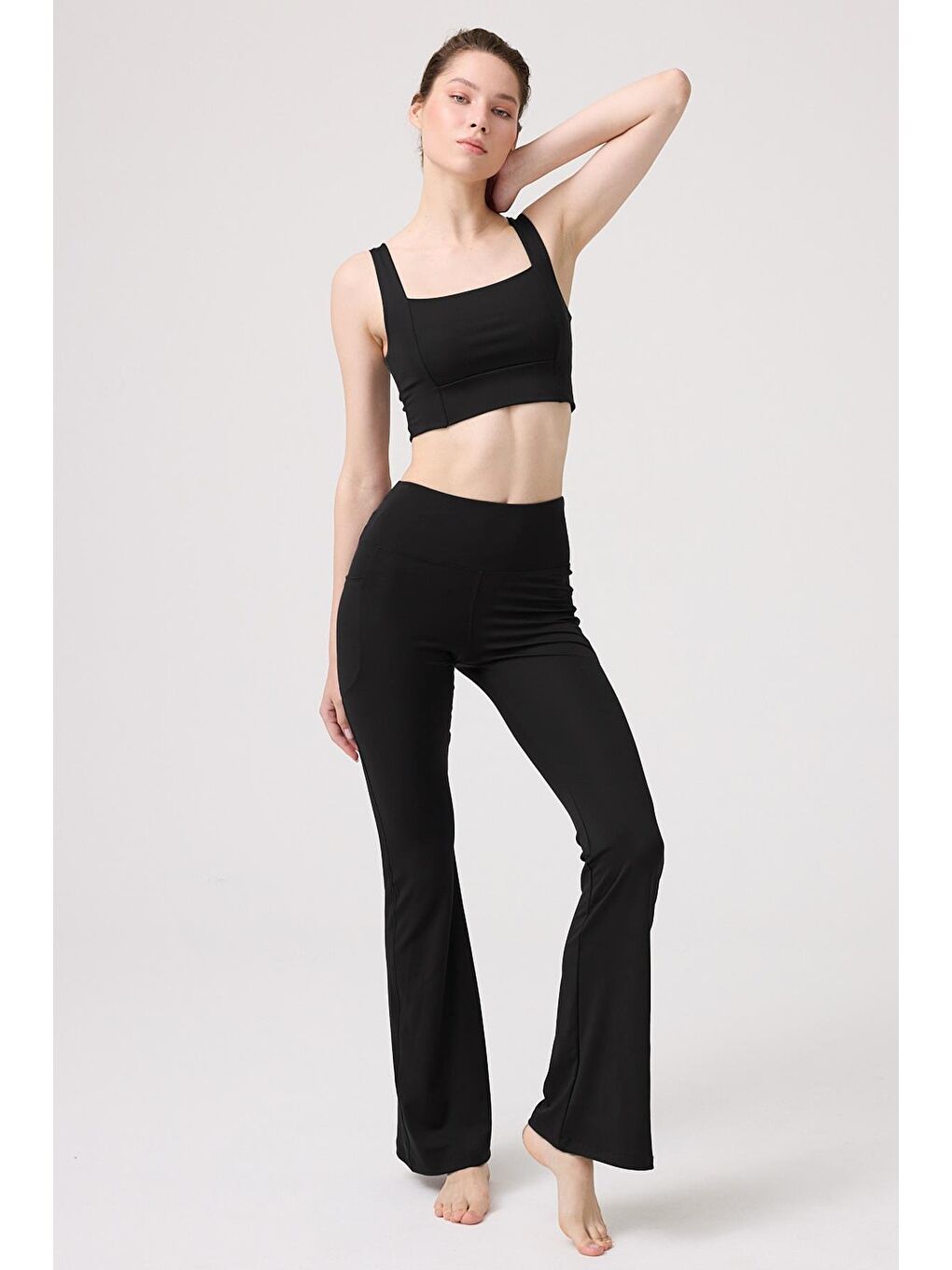 Siyah Şardonlu Yüksek Bel İspanyol Paça Kadın Tayt-8