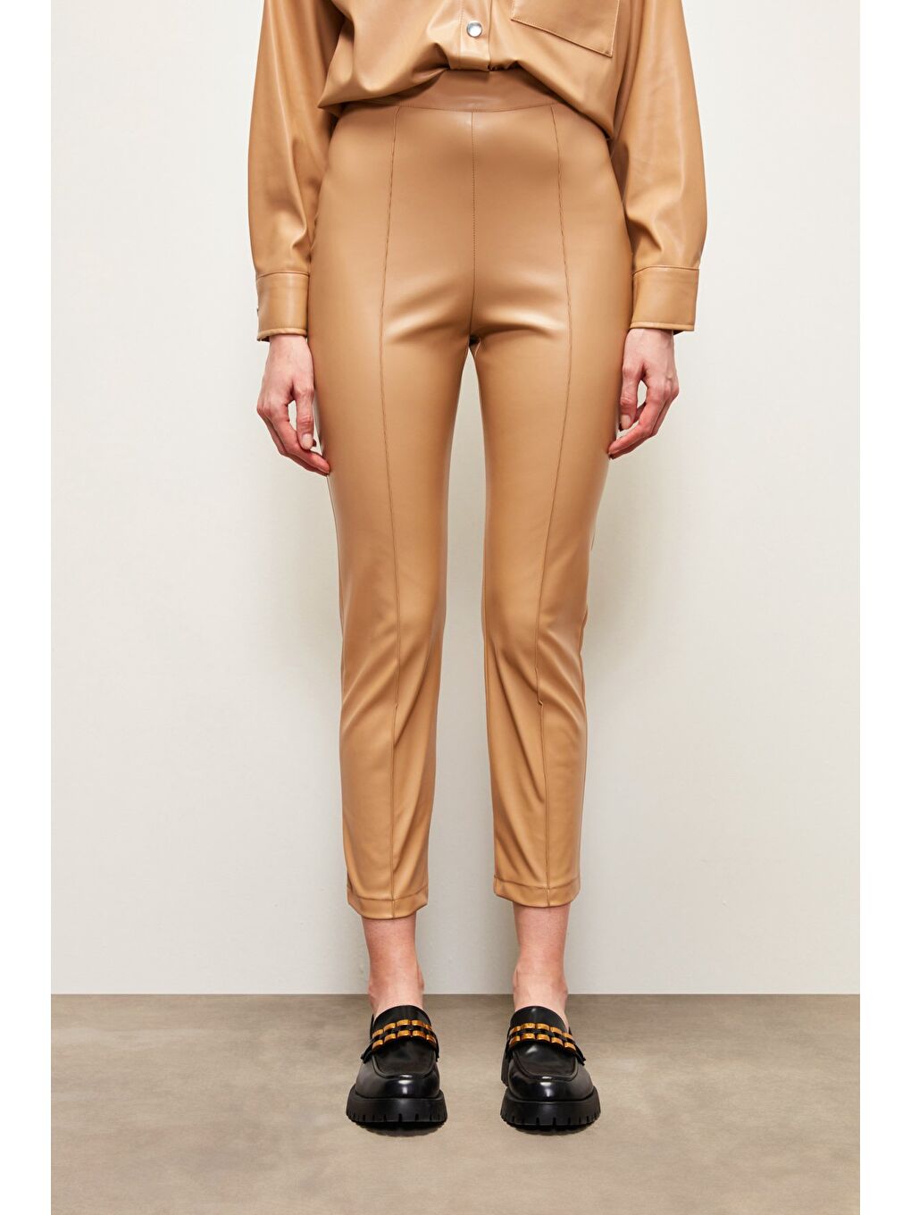 Yüksek Bel Deri Pantolon - Bej-2
