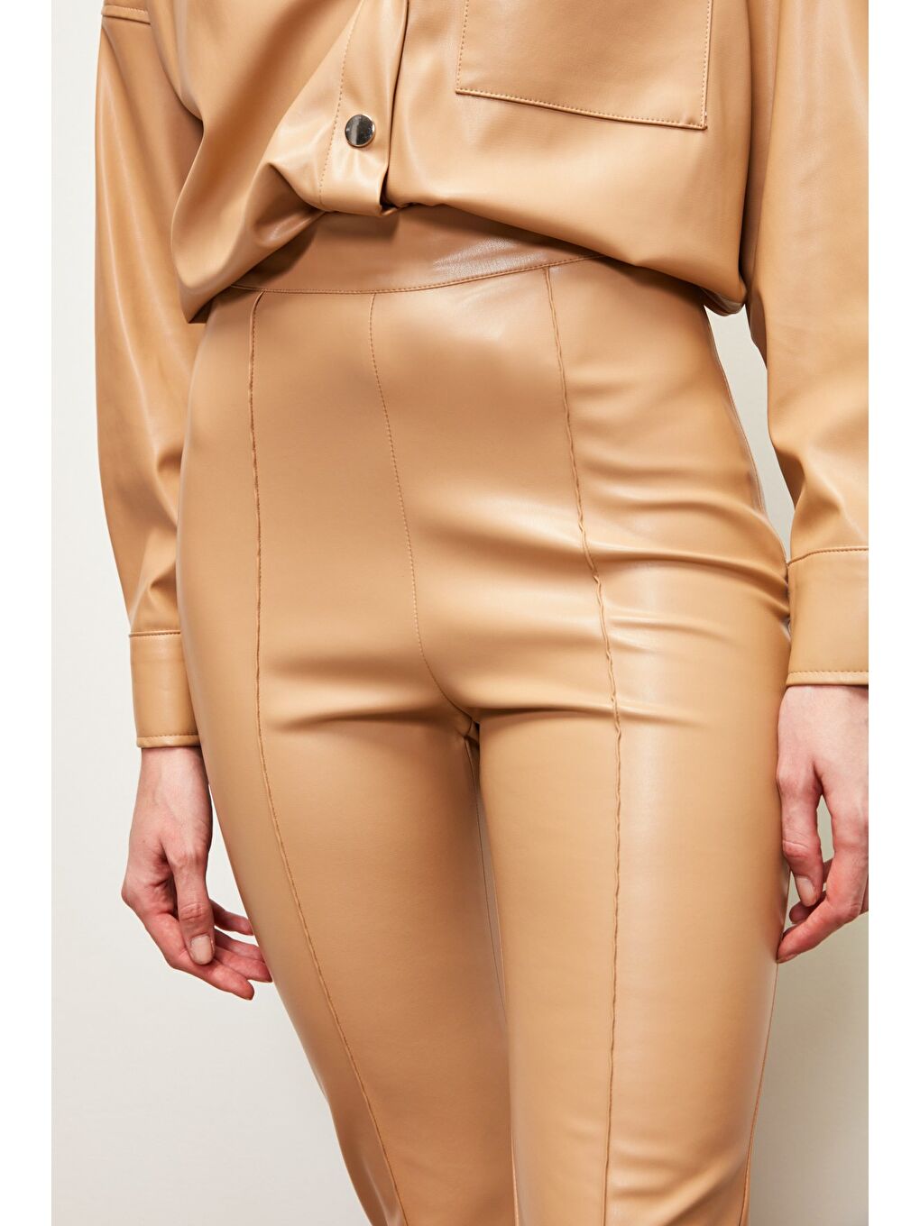 Yüksek Bel Deri Pantolon - Bej-3