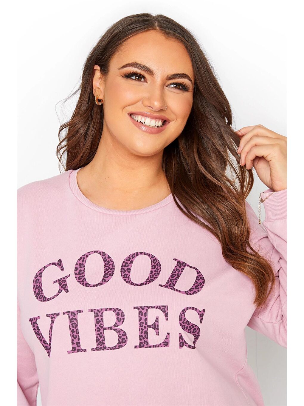 Pembe Büyük Beden Yazı Baskılı Bisiklet Yaka Sweatshirt 173598-3