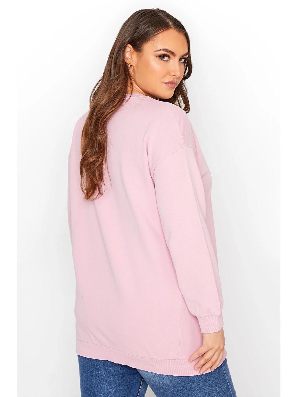 Pembe Büyük Beden Yazı Baskılı Bisiklet Yaka Sweatshirt 173598-4