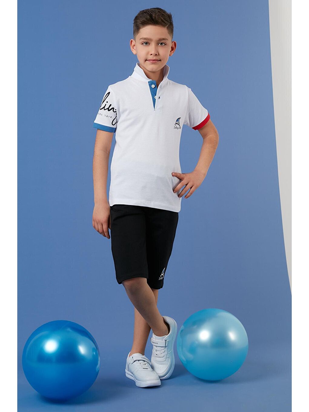 Beyaz Baskılı Elastik Bel Bantlı Polo Yaka % 100 Pamuk 2'li Alt-Üst Takım 59213423