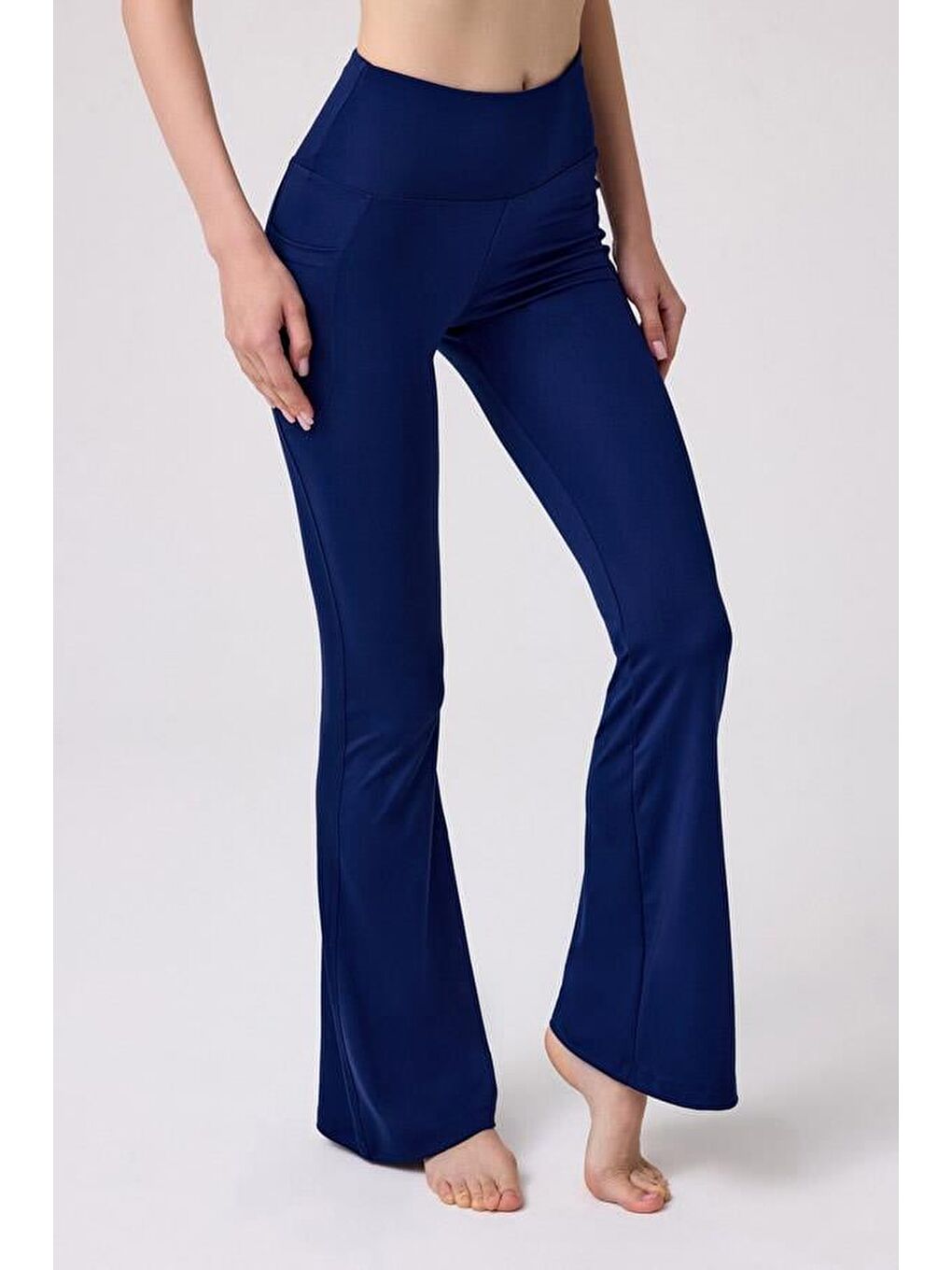 Lacivert Yüksek Bel Çift Cepli İspanyol Paça Kadın Tayt-5