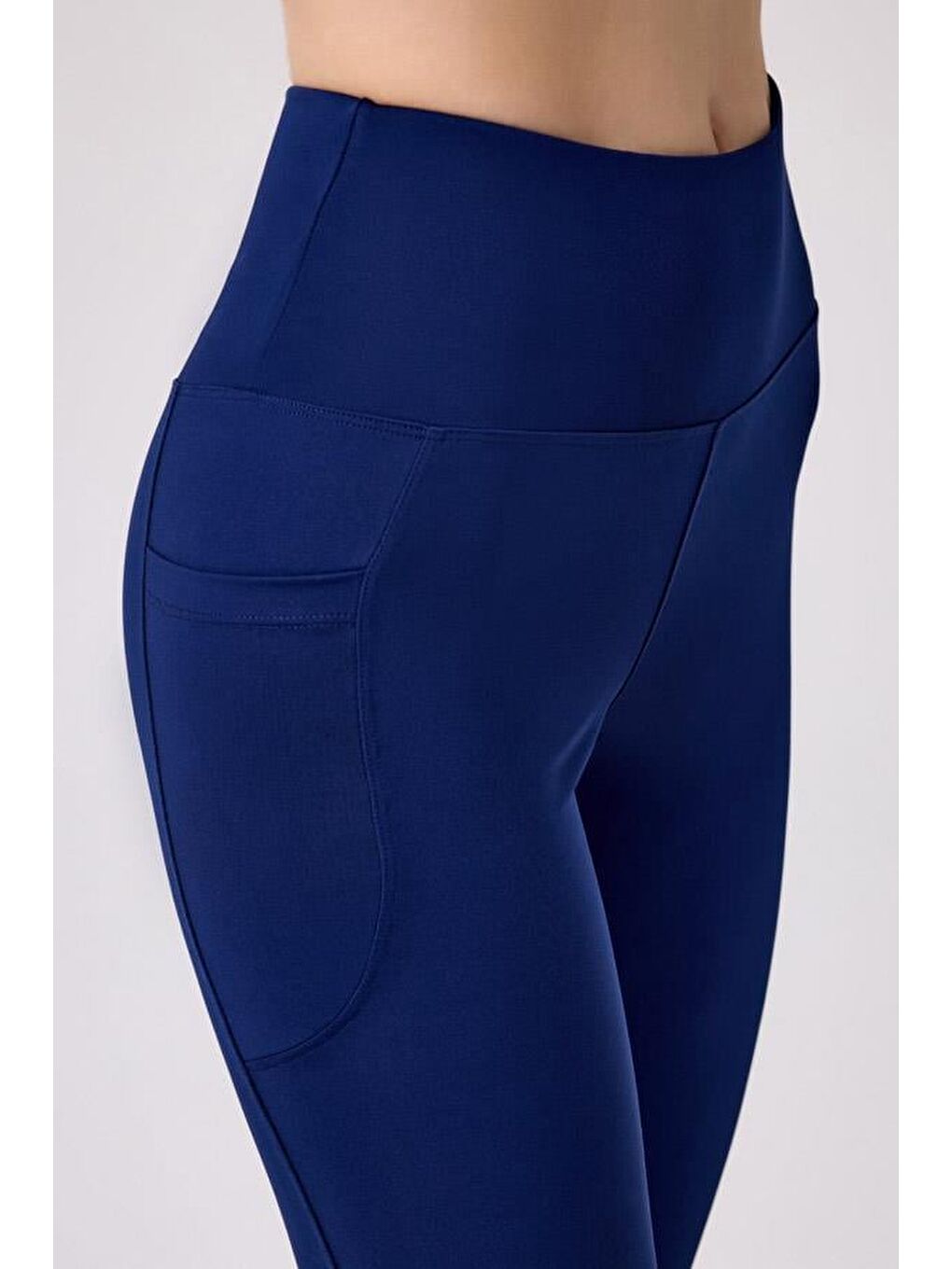 Lacivert Yüksek Bel Çift Cepli İspanyol Paça Kadın Tayt-6