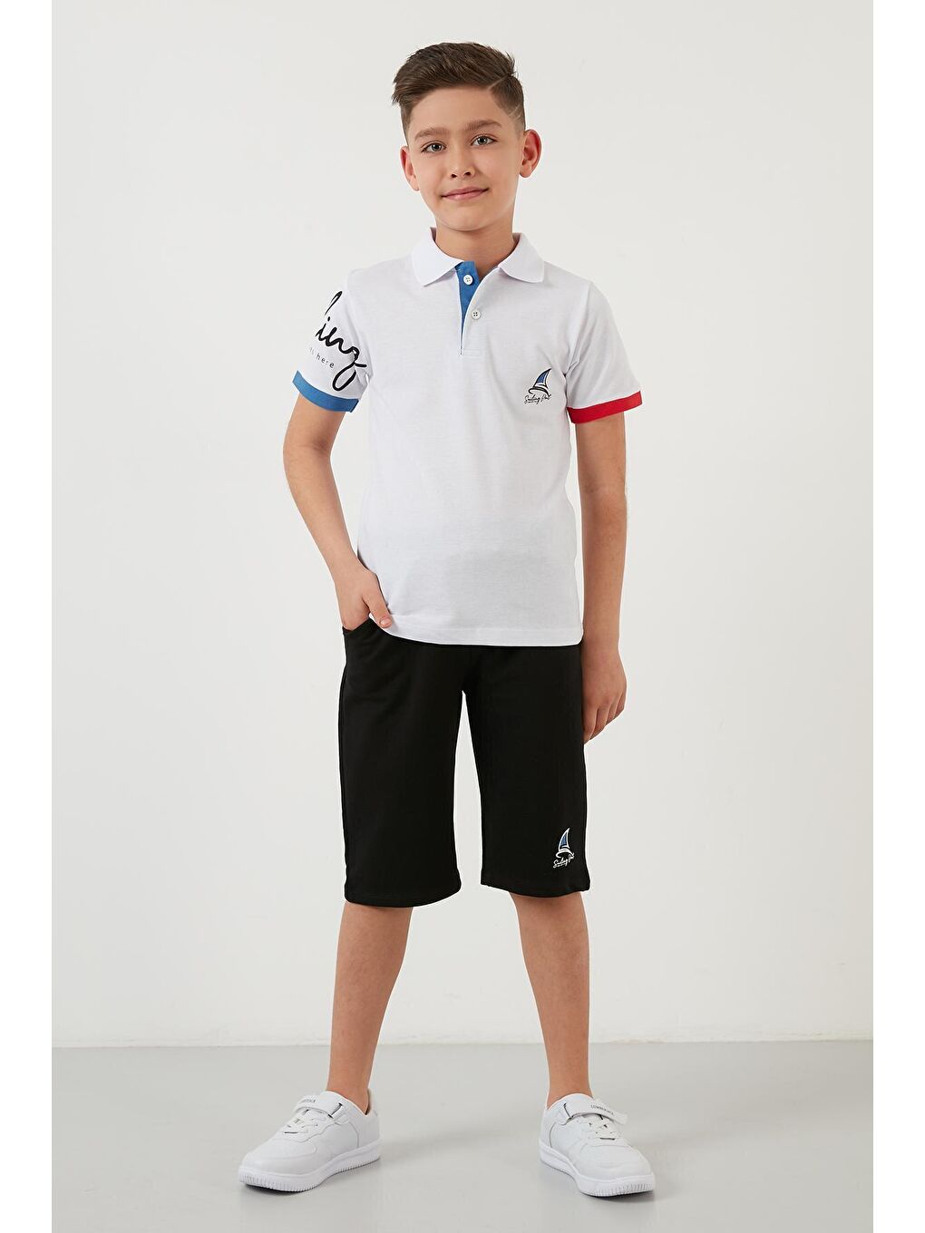 Beyaz Baskılı Elastik Bel Bantlı Polo Yaka % 100 Pamuk 2'li Alt-Üst Takım 59213423-1