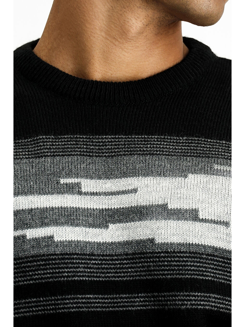 Siyah Bisiklet Yaka Regular Fit Çizgili Triko Kazak-5