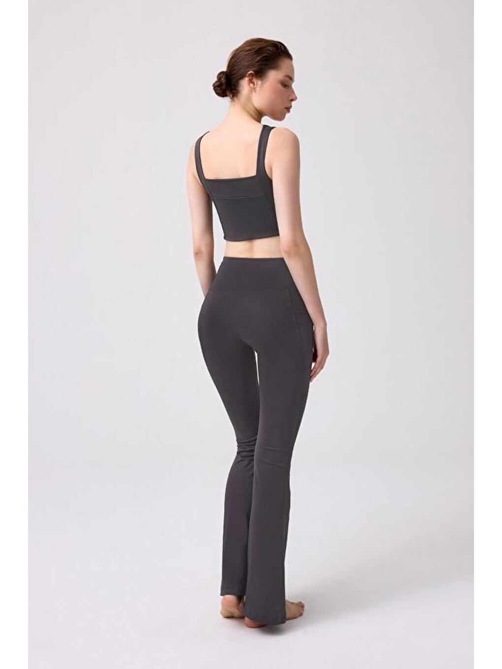 Gri Füme Yüksek Bel Çift Cepli İspanyol Paça Kadın Tayt-4