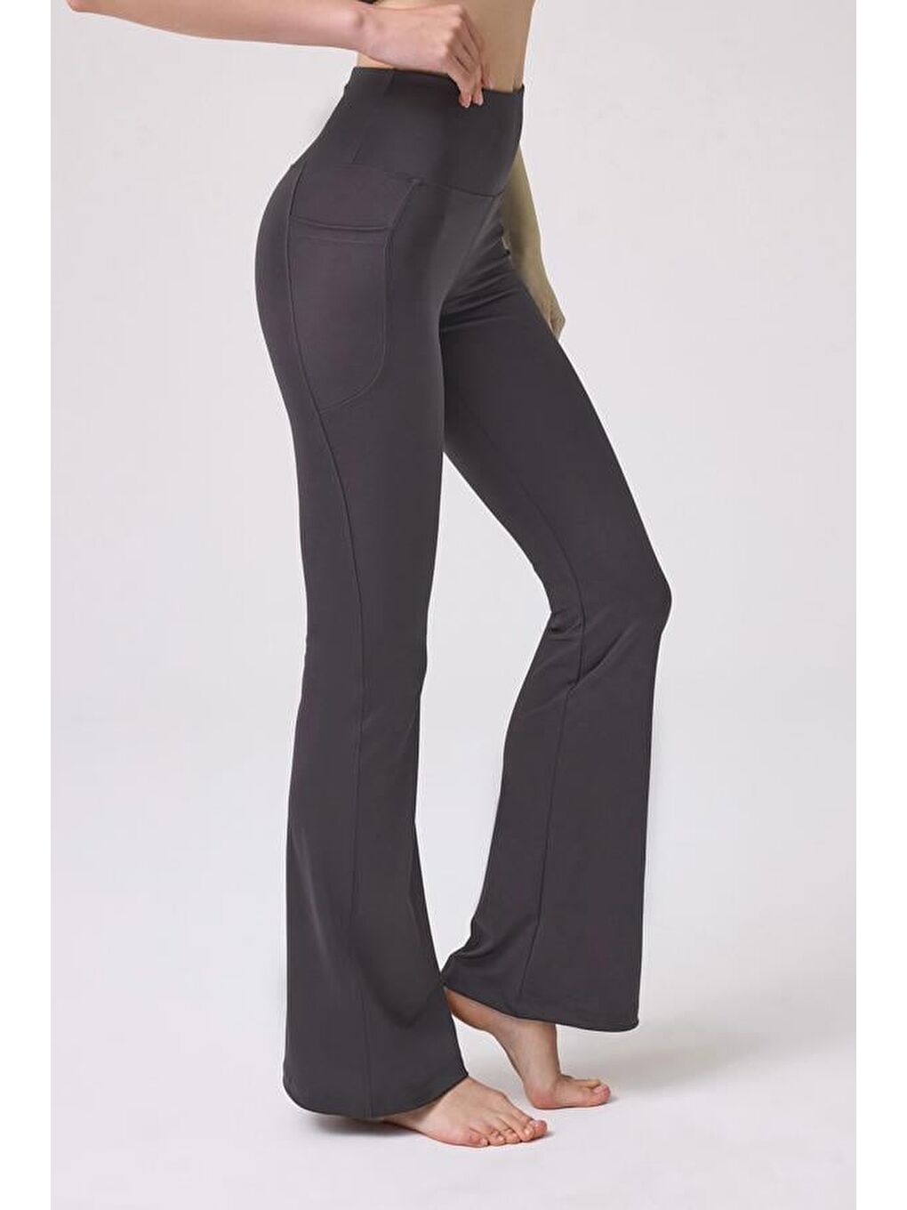 Gri Füme Yüksek Bel Çift Cepli İspanyol Paça Kadın Tayt-5