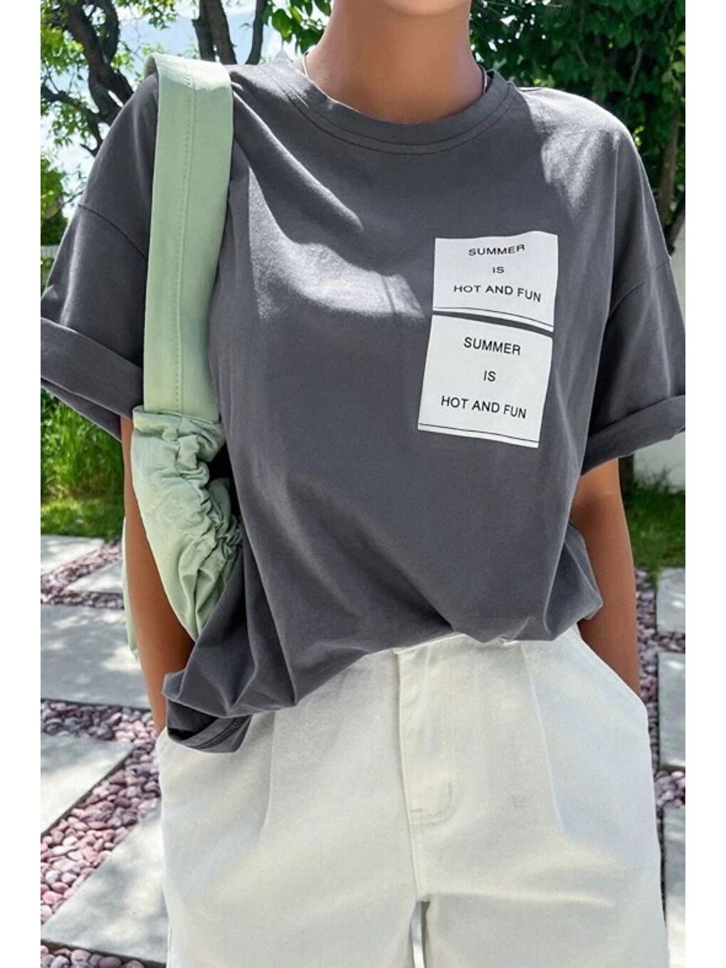 Kadın Taş Gri Summer Baskılı Oversize T shirt