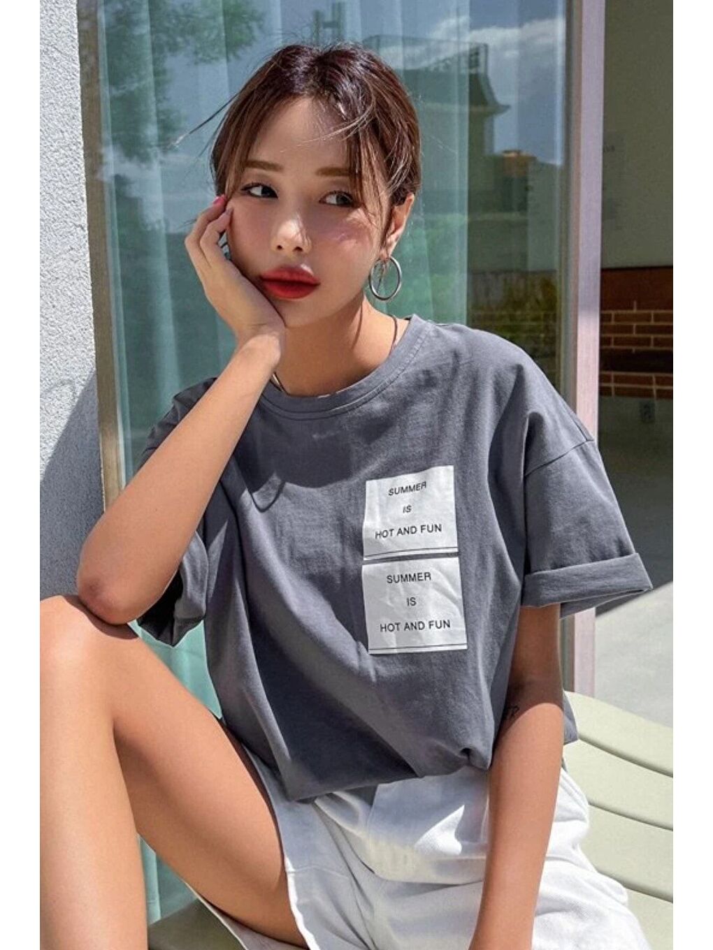 Kadın Taş Gri Summer Baskılı Oversize T shirt-1