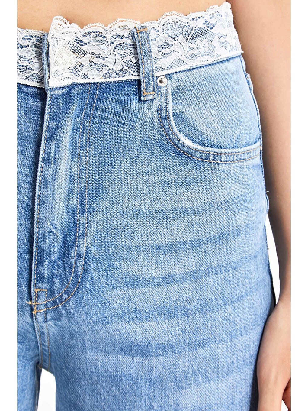 Kadın Mavi Renk D-2s5-3 Straight Fit Kemeri Dantel Detaylı Yüksek Bel %100 Pamuk Tasarım Denim Jean-2