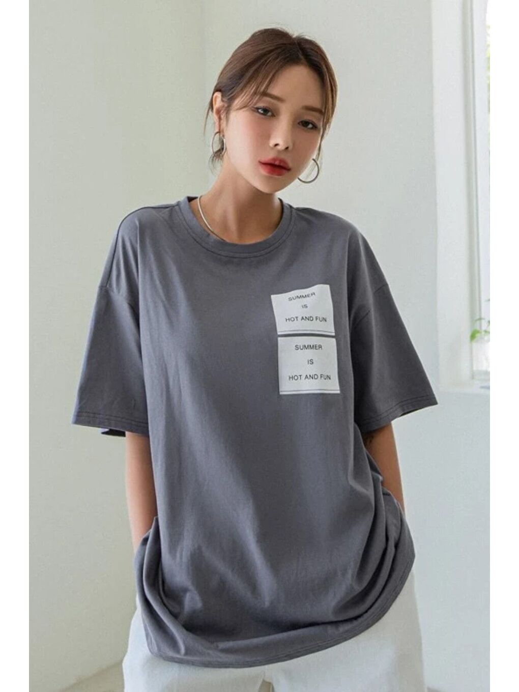 Kadın Taş Gri Summer Baskılı Oversize T shirt-3