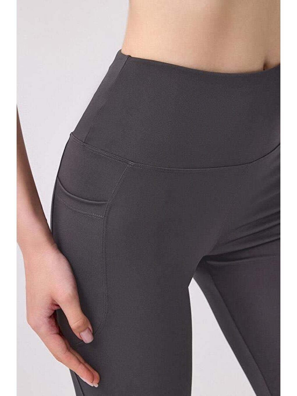 Gri Füme Yüksek Bel Çift Cepli İspanyol Paça Kadın Tayt-6