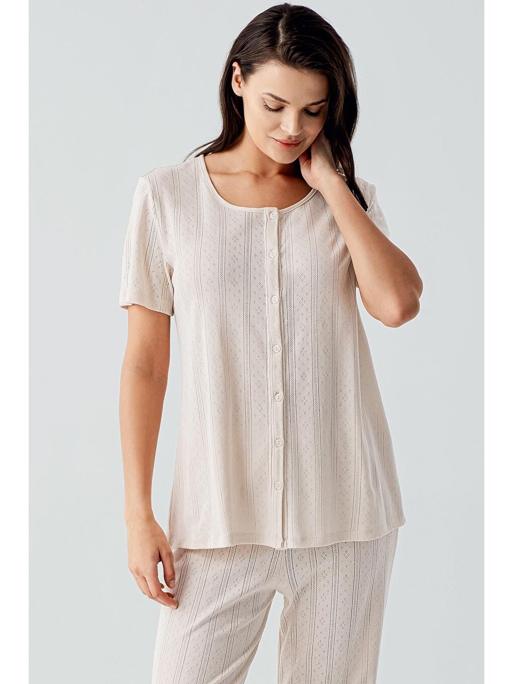 Bej Kısa Kollu Ajurlu Düğmeli Esnek Pamuklu Pijama Takım 17210-1