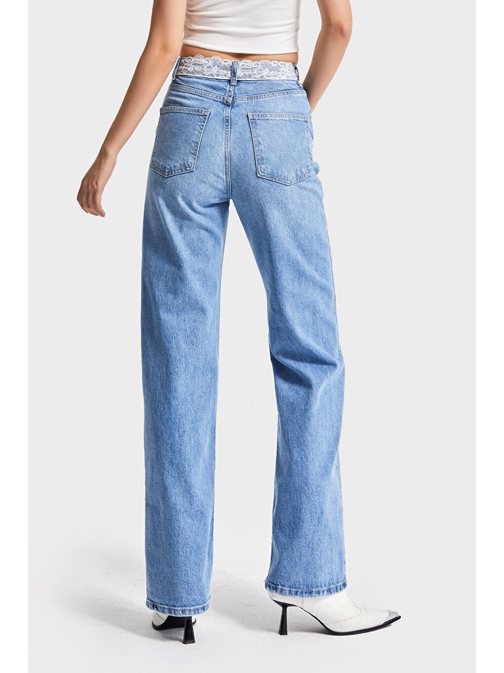Kadın Mavi Renk D-2s5-3 Straight Fit Kemeri Dantel Detaylı Yüksek Bel %100 Pamuk Tasarım Denim Jean-4
