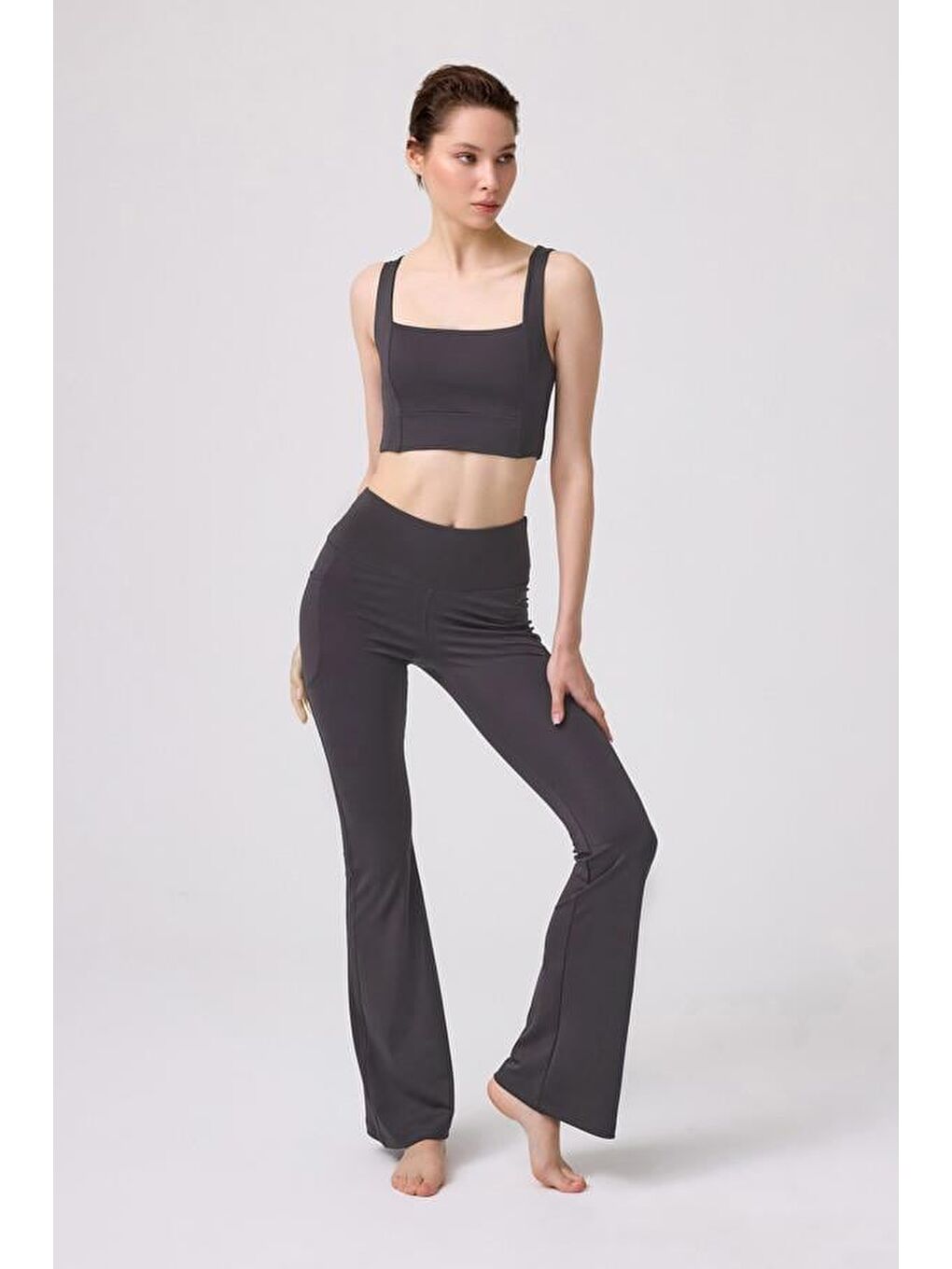 Gri Füme Yüksek Bel Çift Cepli İspanyol Paça Kadın Tayt-7