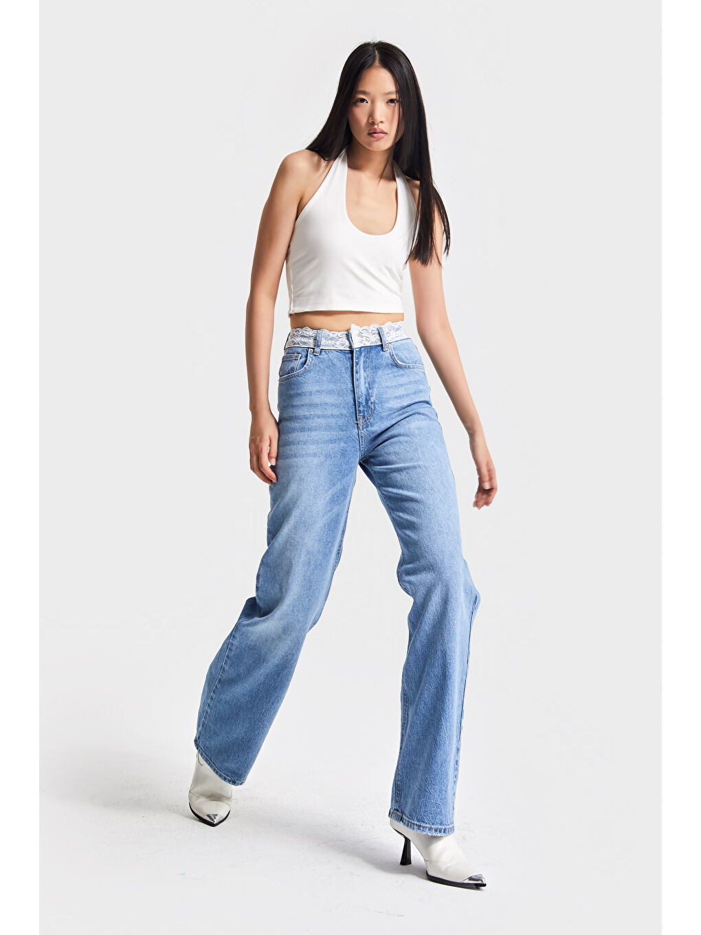 Kadın Mavi Renk D-2s5-3 Straight Fit Kemeri Dantel Detaylı Yüksek Bel %100 Pamuk Tasarım Denim Jean-5