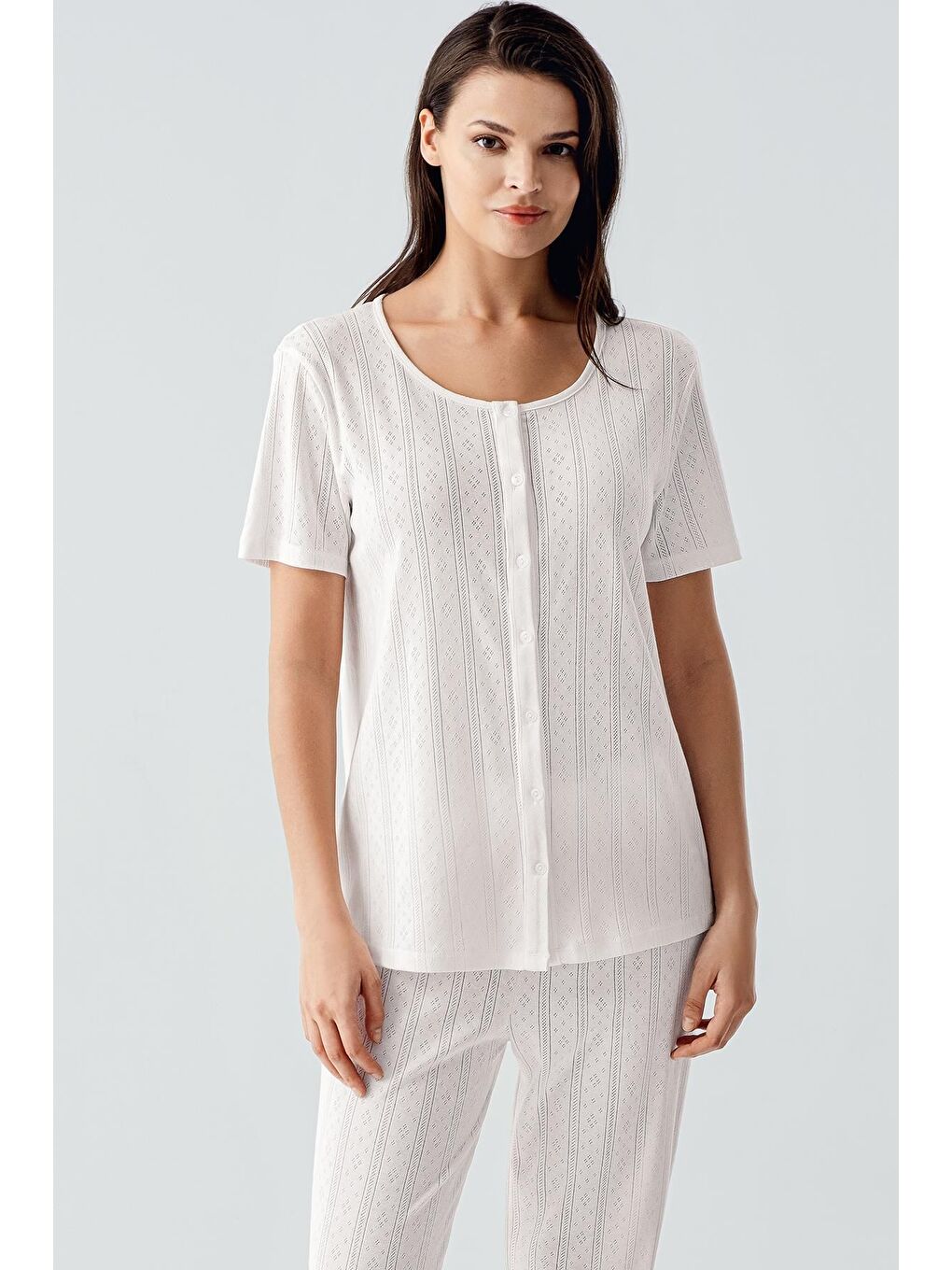 Ekru Kısa Kollu Ajurlu Düğmeli Esnek Pamuklu Pijama Takım 17210-1