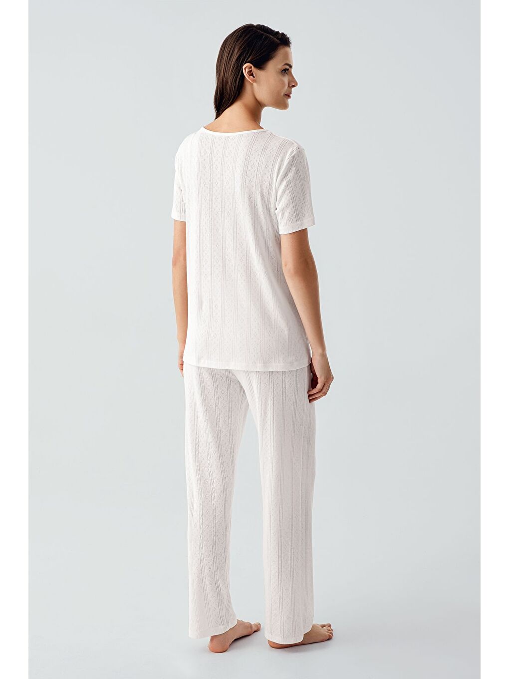Ekru Kısa Kollu Ajurlu Düğmeli Esnek Pamuklu Pijama Takım 17210-2