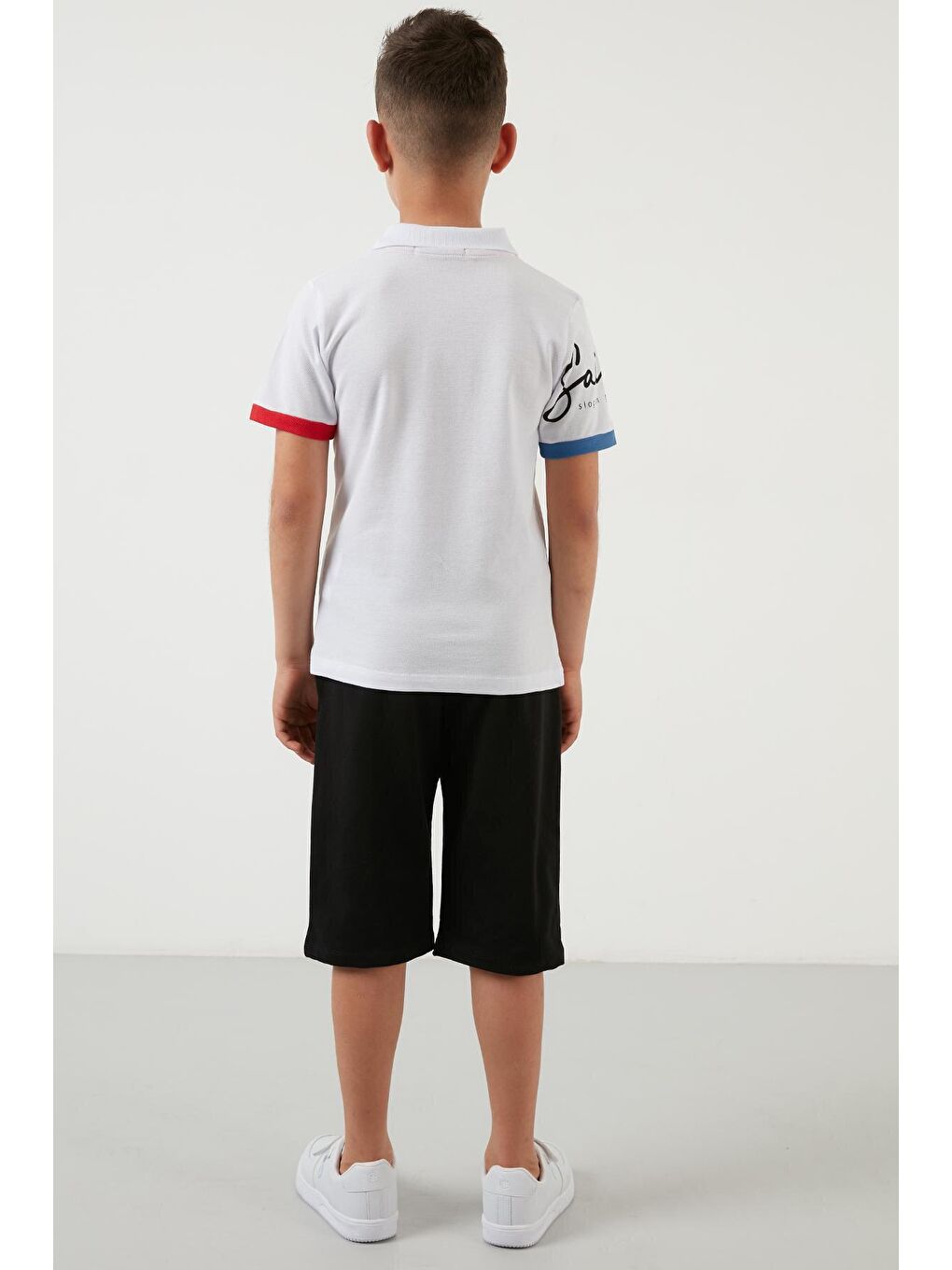 Beyaz Baskılı Elastik Bel Bantlı Polo Yaka % 100 Pamuk 2'li Alt-Üst Takım 59213423-4