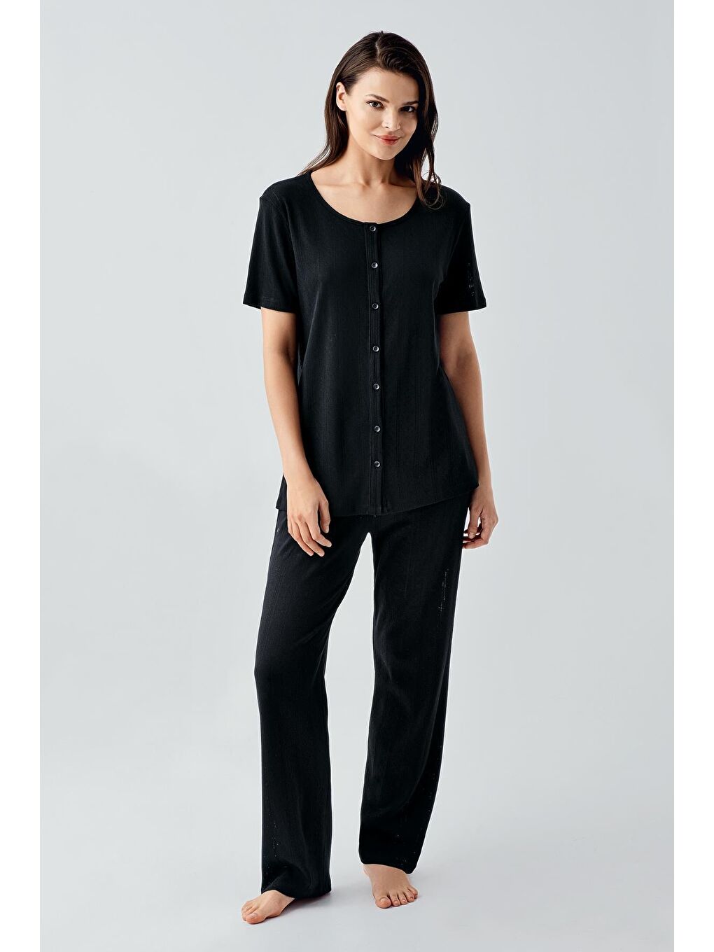 Siyah Kısa Kollu Ajurlu Düğmeli Esnek Pamuklu Pijama Takım 17210