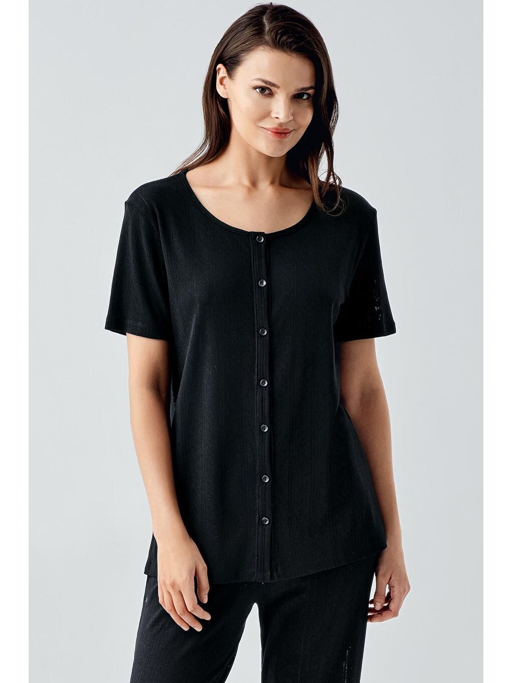 Siyah Kısa Kollu Ajurlu Düğmeli Esnek Pamuklu Pijama Takım 17210-1