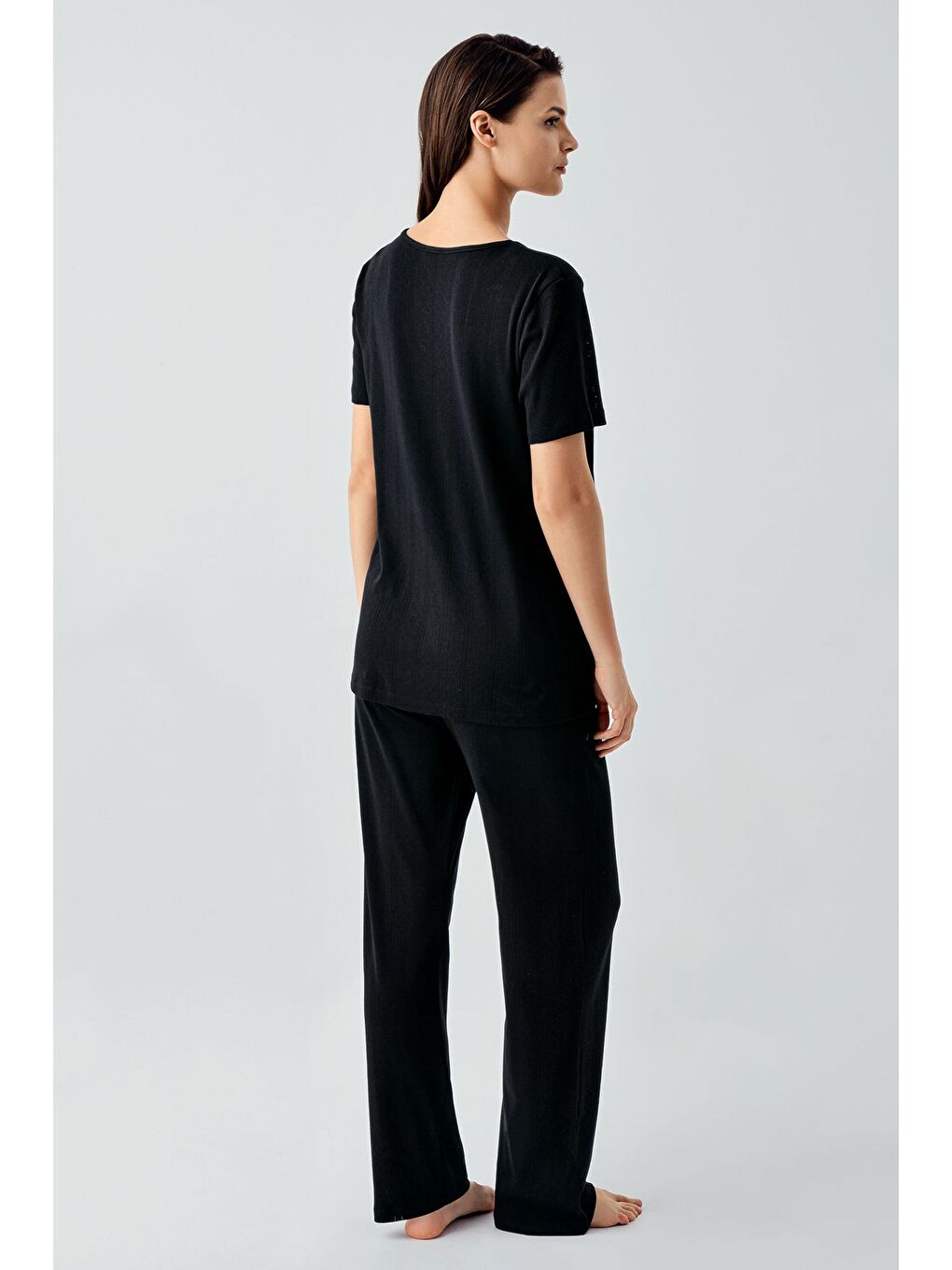 Siyah Kısa Kollu Ajurlu Düğmeli Esnek Pamuklu Pijama Takım 17210-2