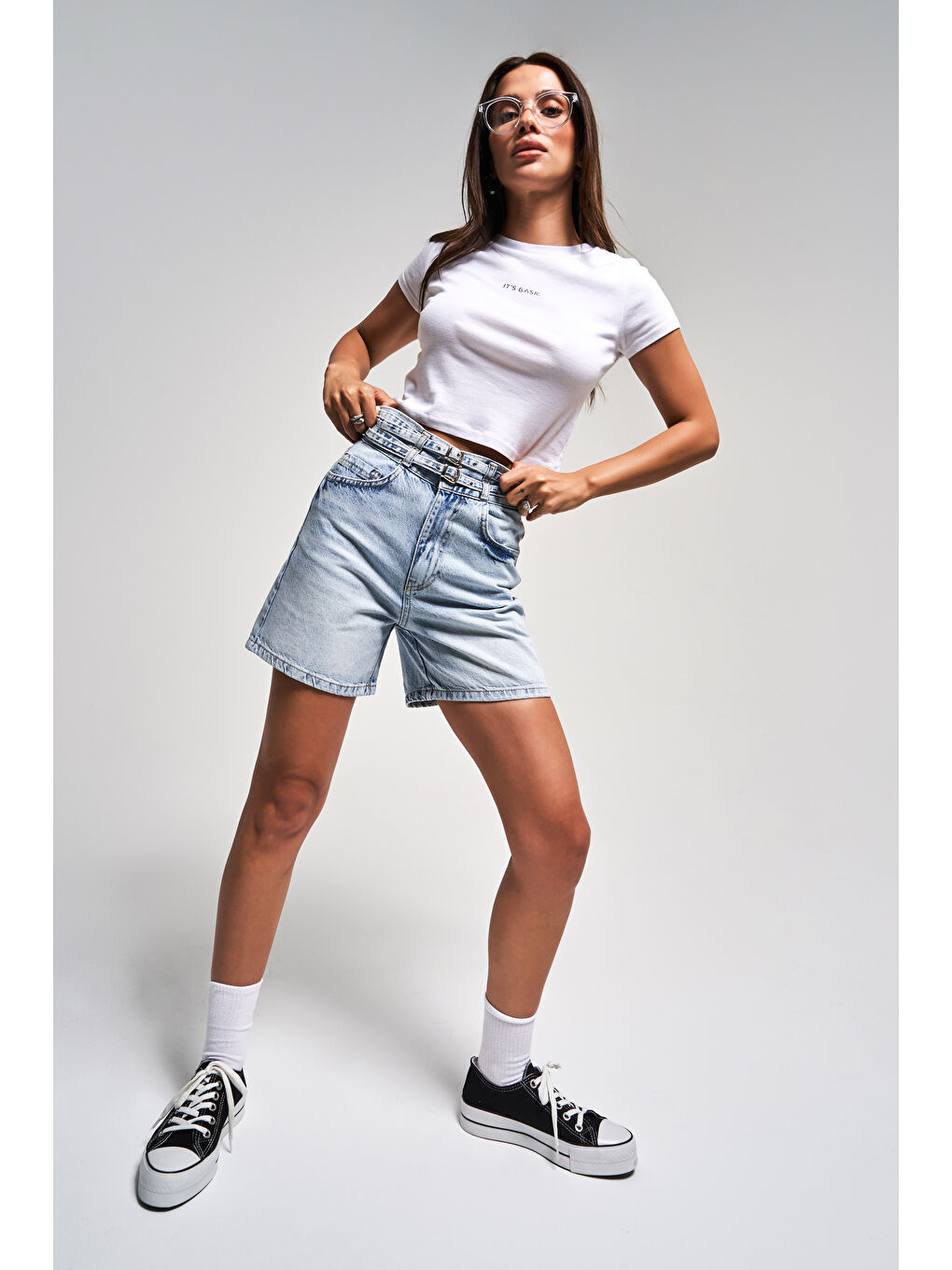 Mavi Kadın Jean Rengi 4s5-3 Midi Boy Çift Kemerli %100 Pamuk Tasarım Denim Şort-2