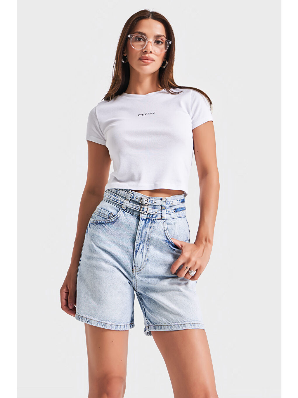 Mavi Kadın Jean Rengi 4s5-3 Midi Boy Çift Kemerli %100 Pamuk Tasarım Denim Şort-4