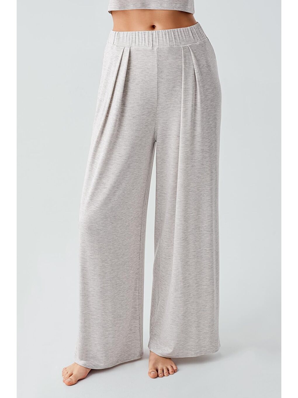 Gri Kısa Kollu Crop Bol Paça Esnek Viskoz Pijama Takım 17216-3