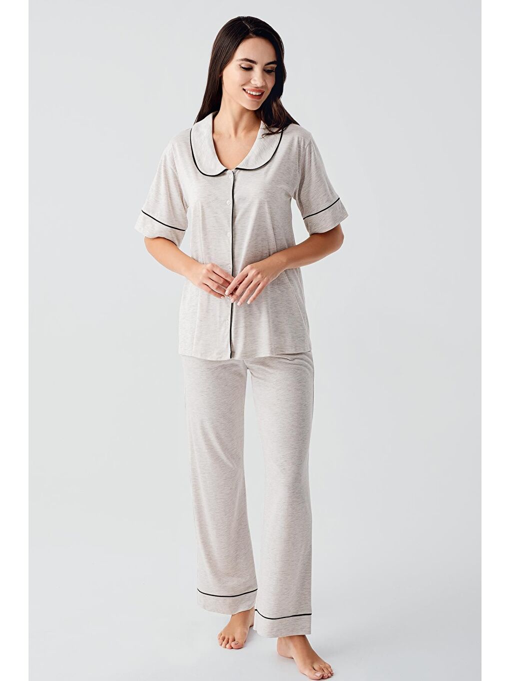 Bej Bebe Yaka Düğmeli Kısa Kollu Esnek Pamuklu Pijama Takım 17201