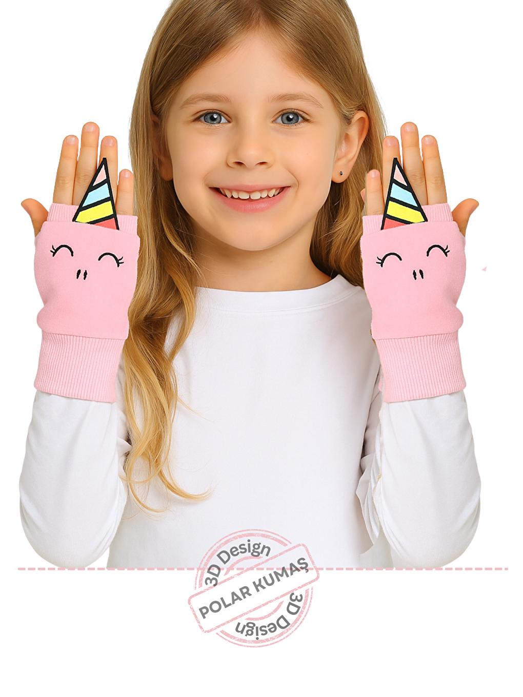 Pembe 3d Kız Çocuk Polar Eldiven