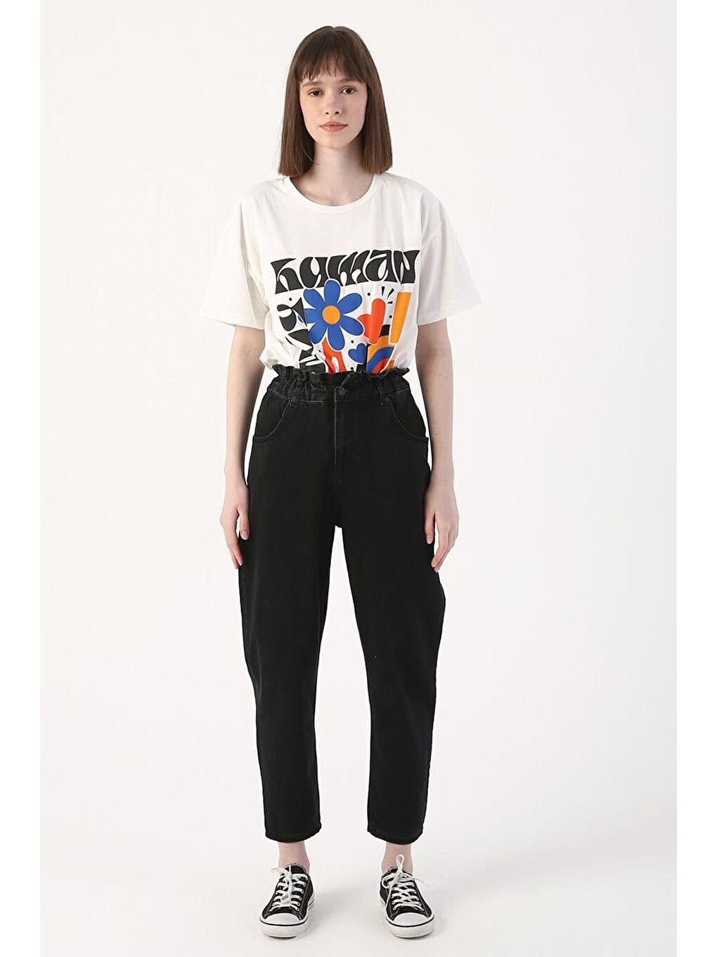 Antrasit-Beli Büzgülü Slouchy Jean Pantolon-1