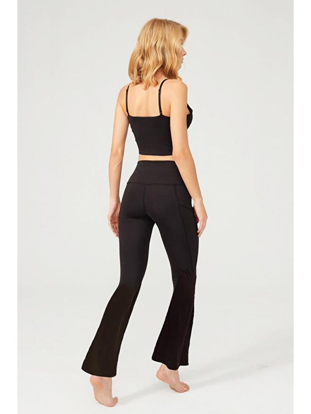 Siyah Yüksek Bel Çift Cepli İspanyol Paça Kadın Tayt-4