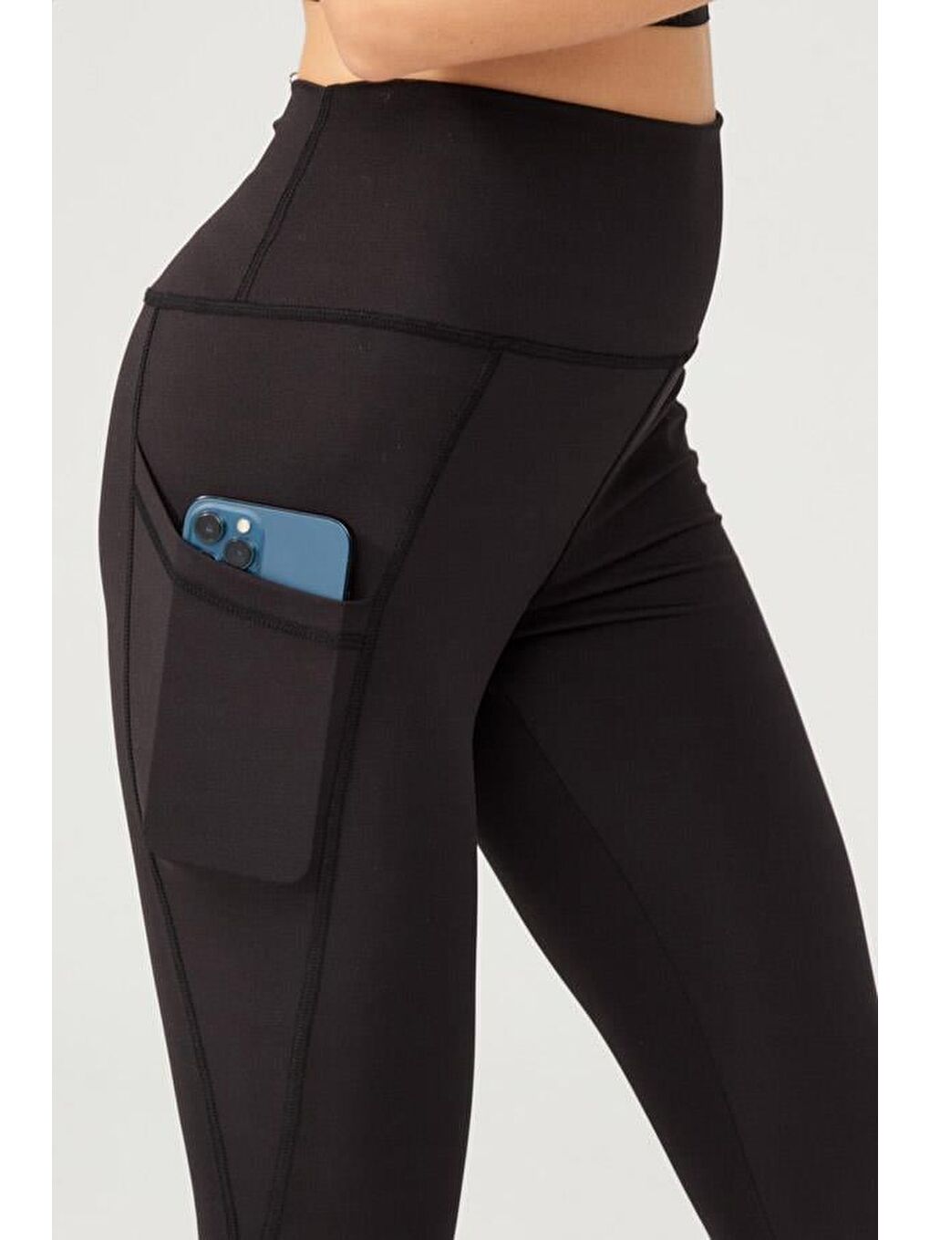 Siyah Yüksek Bel Çift Cepli İspanyol Paça Kadın Tayt-6