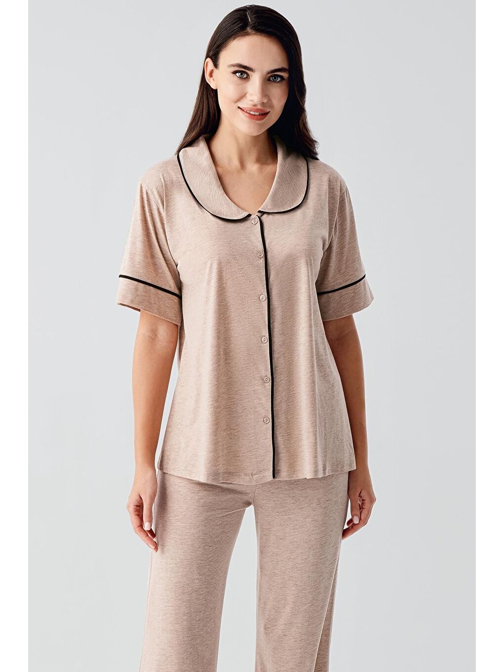 Kahverengi Bebe Yaka Düğmeli Kısa Kollu Esnek Pamuklu Pijama Takım 17201-1