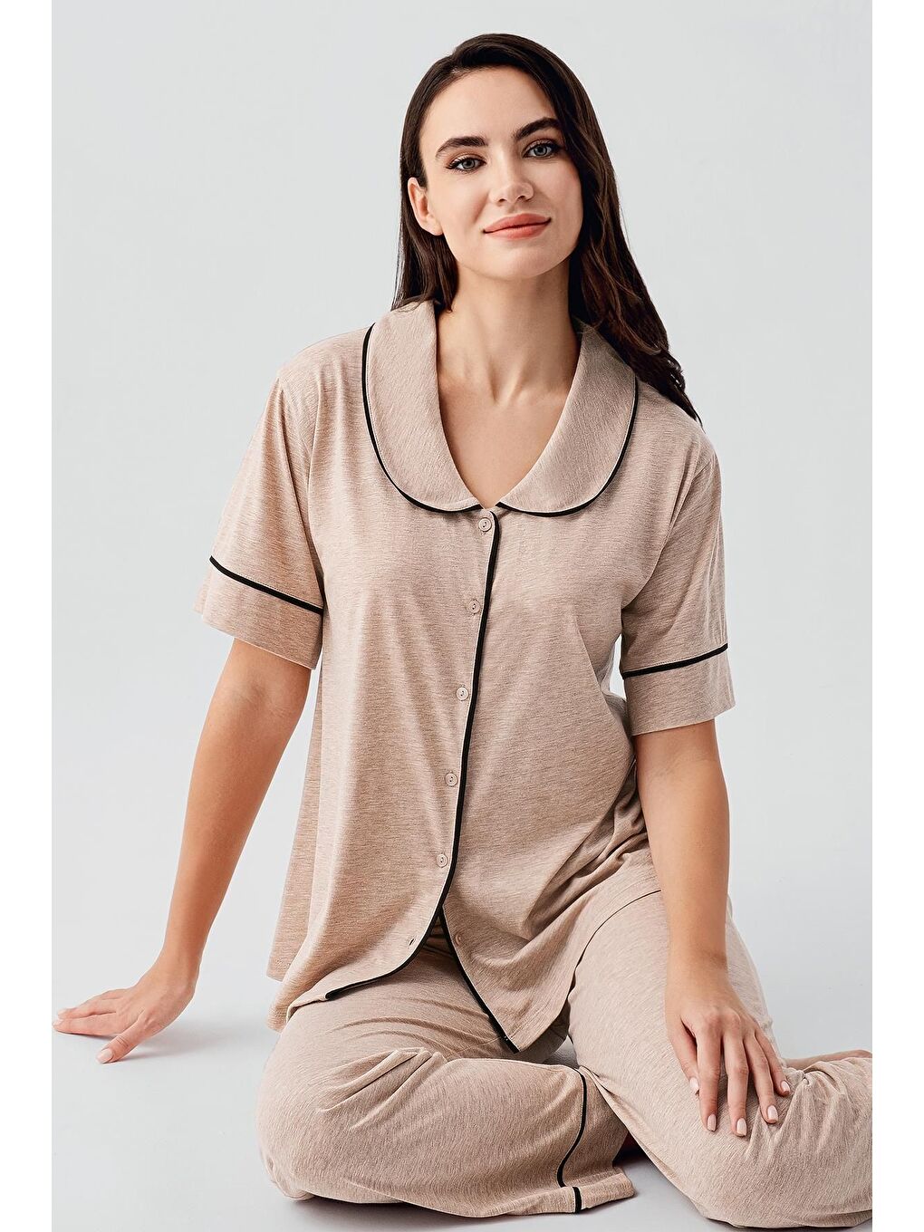 Kahverengi Bebe Yaka Düğmeli Kısa Kollu Esnek Pamuklu Pijama Takım 17201-2