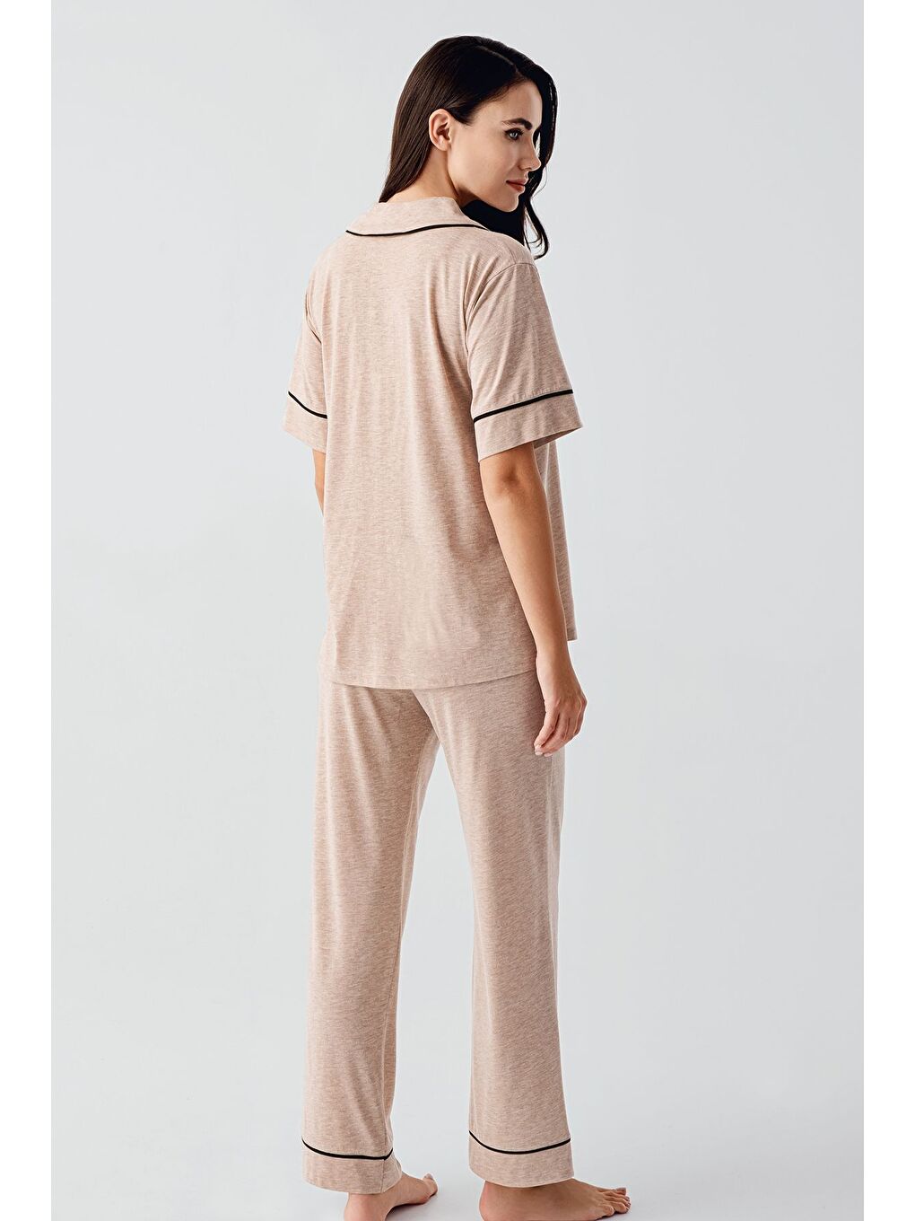 Kahverengi Bebe Yaka Düğmeli Kısa Kollu Esnek Pamuklu Pijama Takım 17201-3