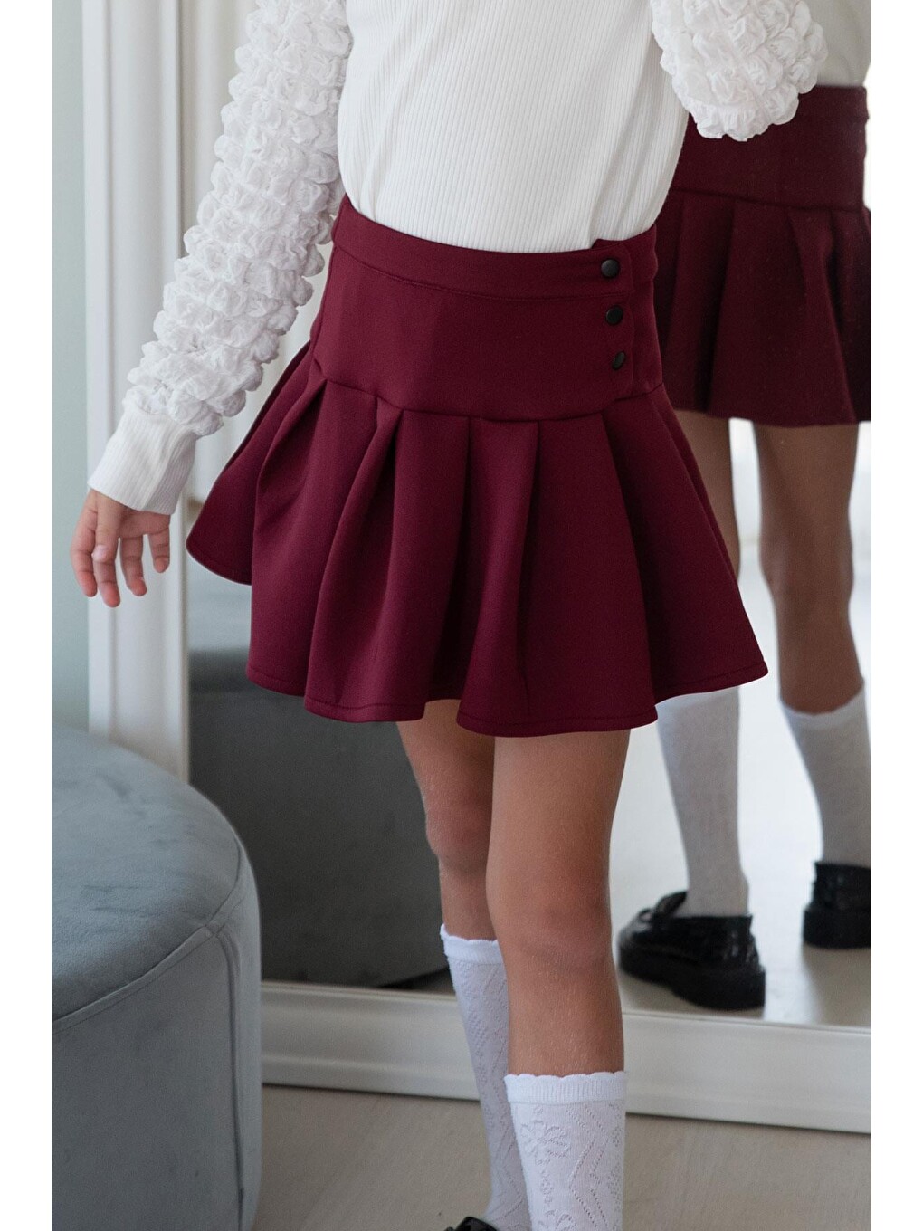 Kız Çocuk Mini Etek Pileli Çıtçıt Detaylı Bordo (7 Yaş)-1