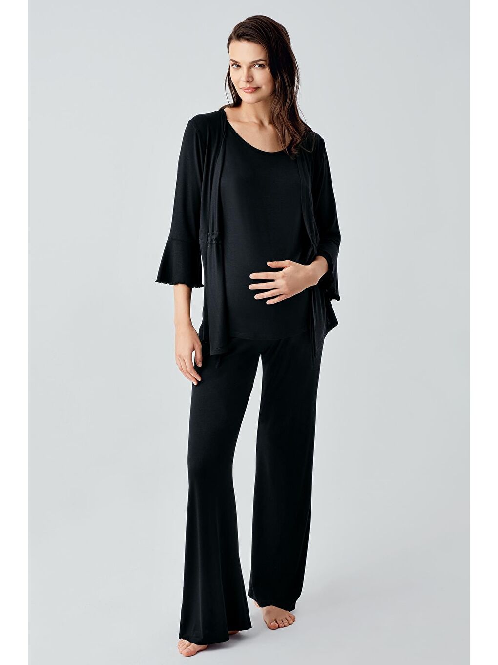 Siyah Truvakar Kol İspanyol Paça Esnek Viskoz Hamile Pijama Takım 17215-1