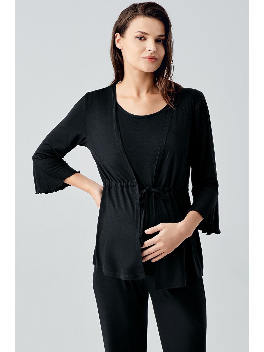 Siyah Truvakar Kol İspanyol Paça Esnek Viskoz Hamile Pijama Takım 17215-2