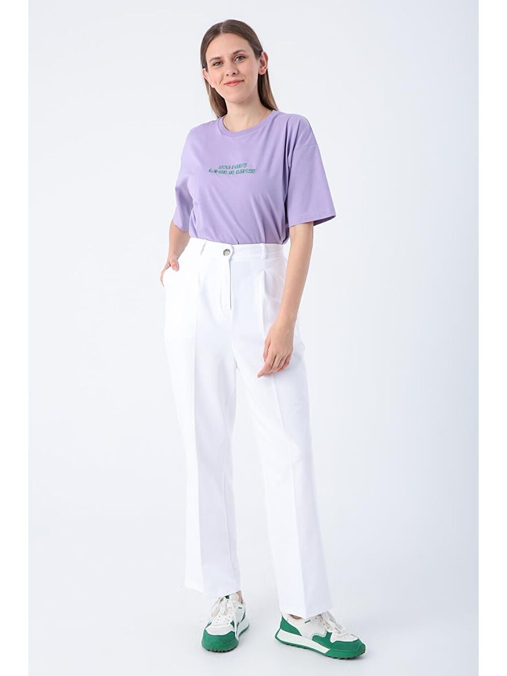 Beyaz-Pileli Pamuklu Örme Pantolon-1