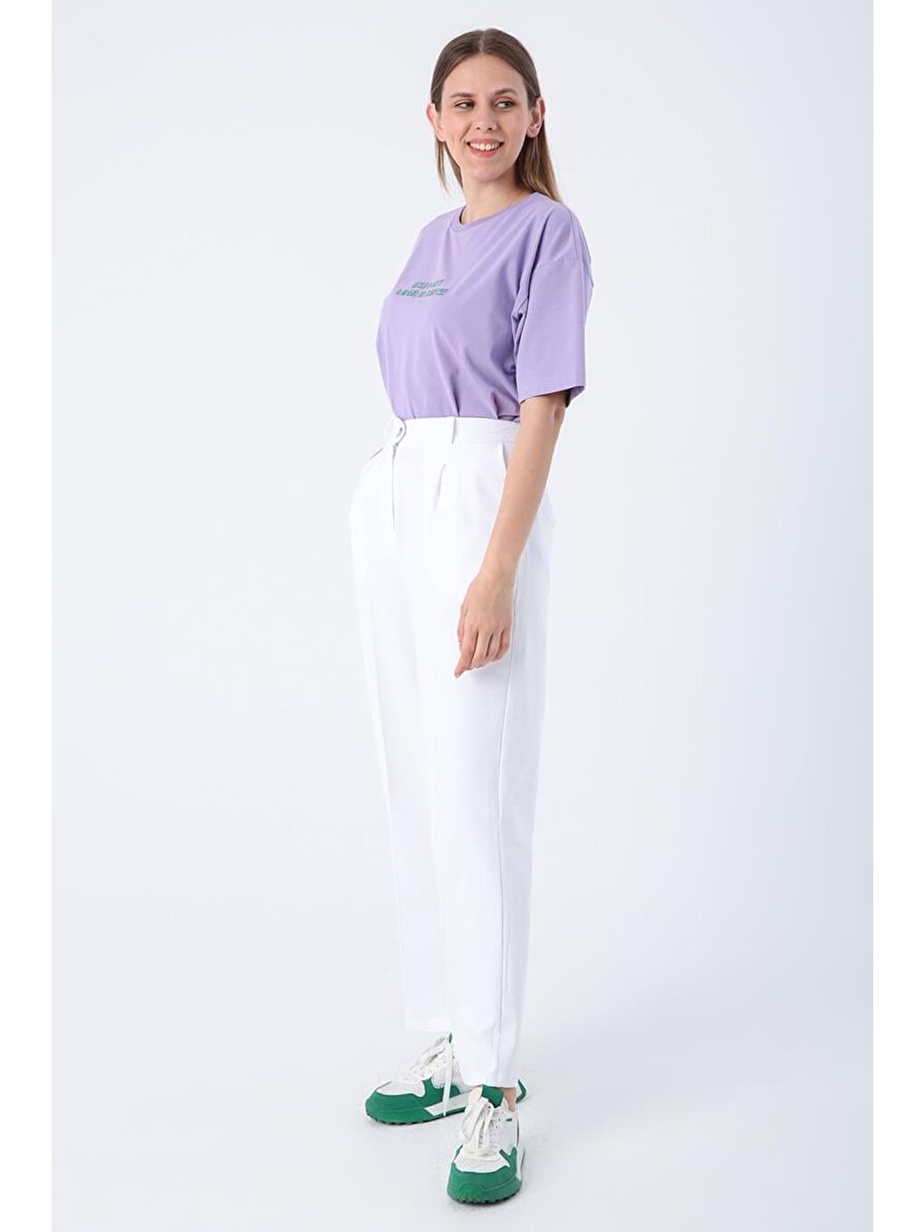 Beyaz-Pileli Pamuklu Örme Pantolon-2