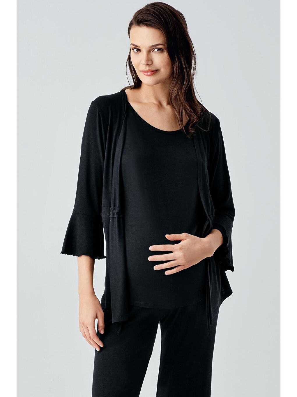 Siyah Truvakar Kol İspanyol Paça Esnek Viskoz Hamile Pijama Takım 17215-3