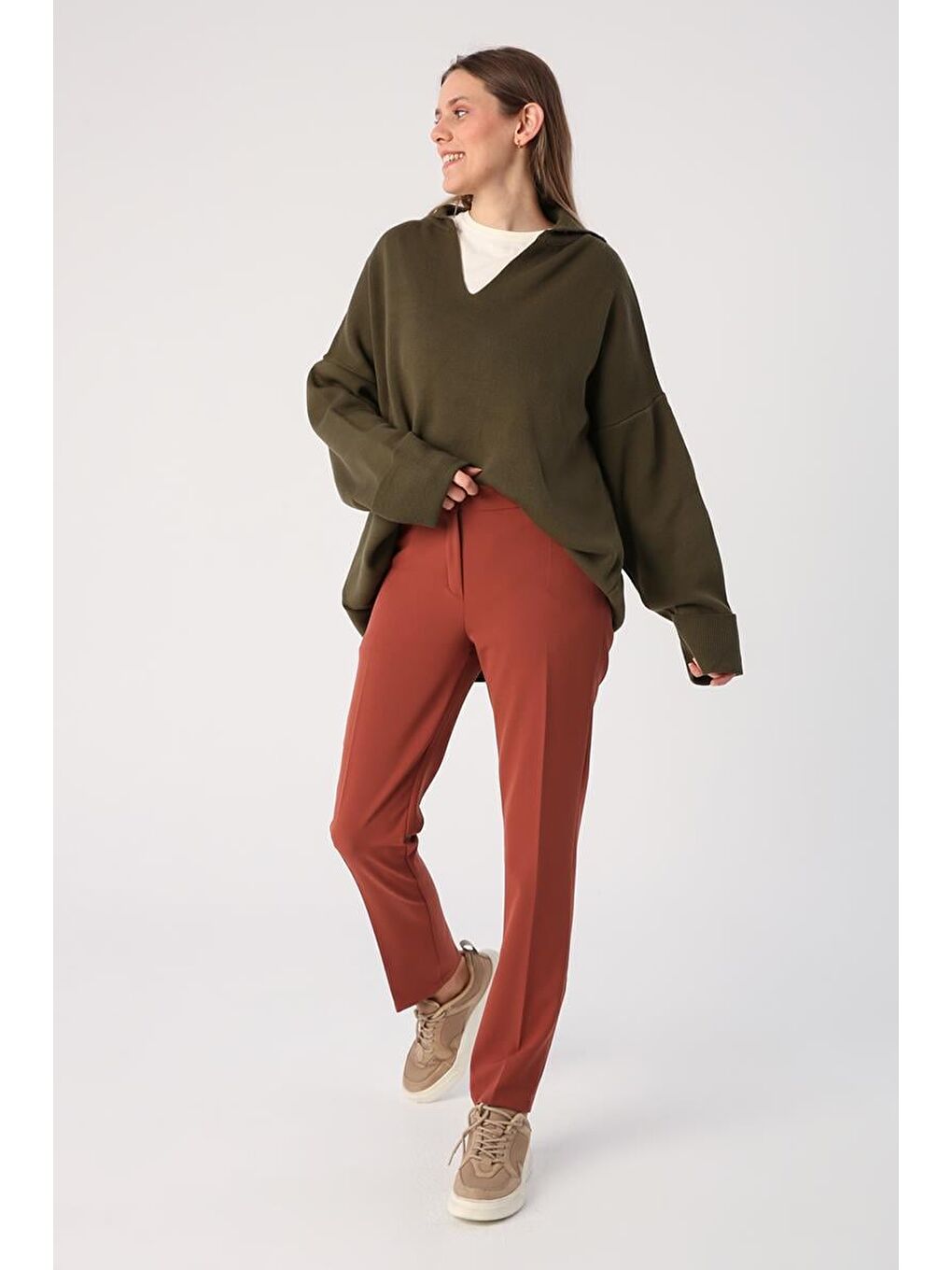 Kahverengi Kiremit Elastanlı Cigarette Pantolon